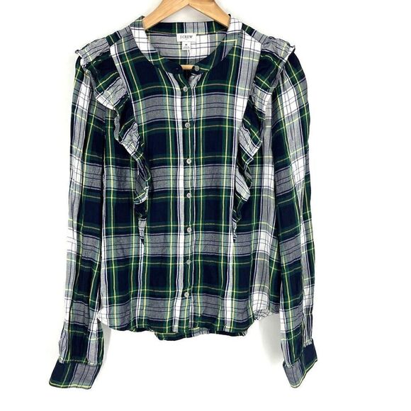 J Crew Top Size Medium Womens Green Navy Ruffle Button Front Long Sleeve Plaid - Picture 1 of 7